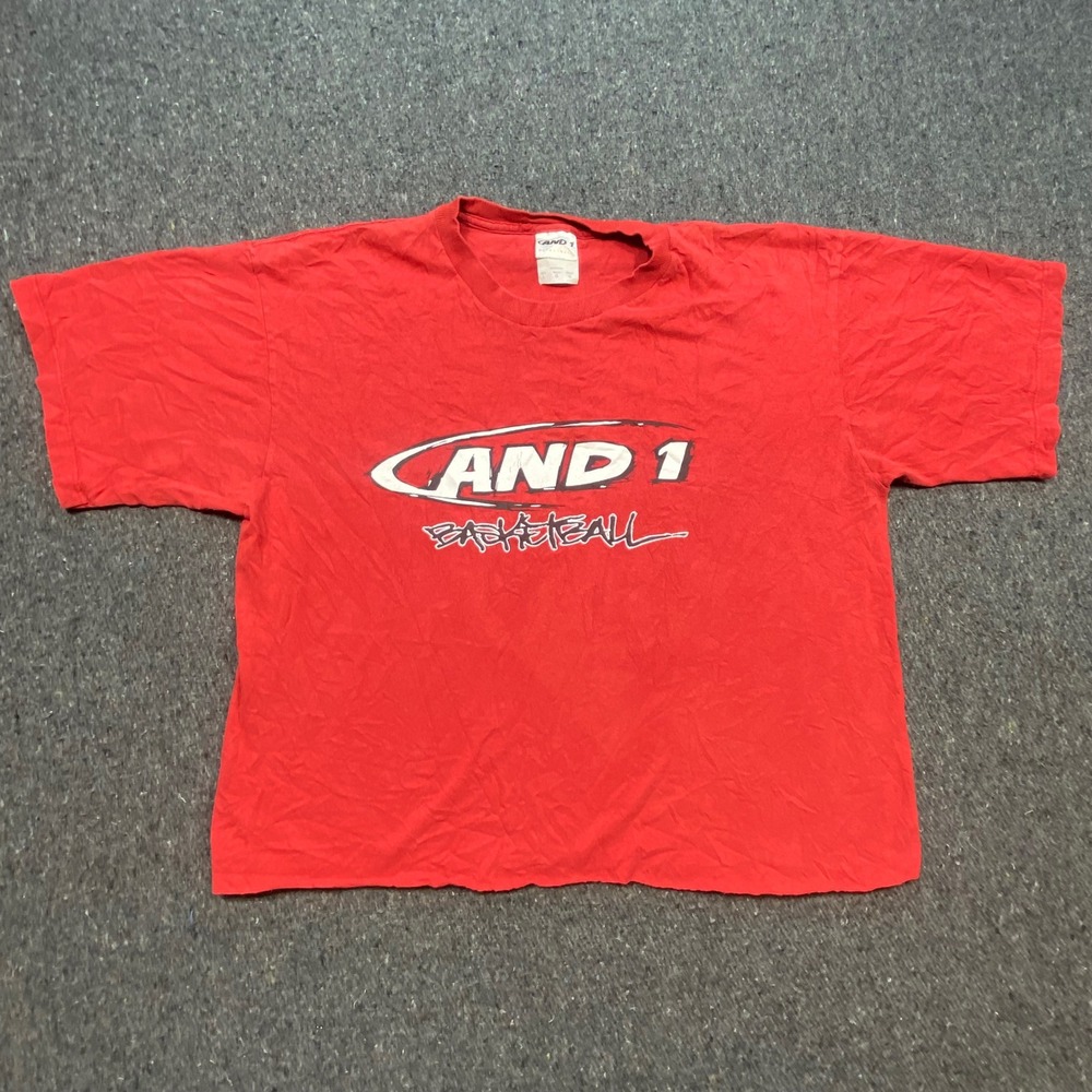 AND1 Basketball Shirt L Mens Red Short Sleeve Graphic Tee Made In USA Cropped